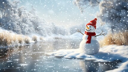 Naklejka premium Frosty Snowman Stands by Snowy River in Winter Wonderland