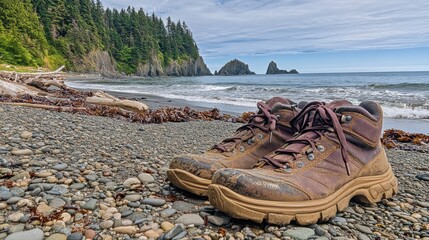 Obraz premium Hiking shoes set on a rugged beach with cliffs in the distance