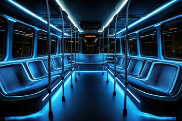 Obraz premium Empty bus interior at night with blue lighting.