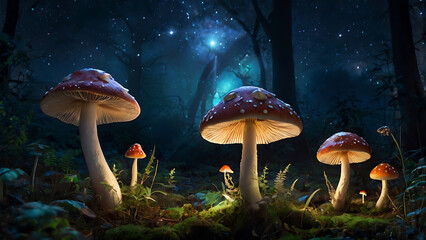 Fototapeta premium glittering mushrooms in the forest at night with moon and stars in the background