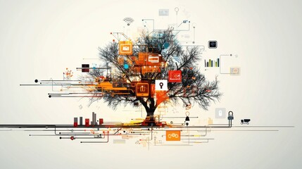 Seamless Integration: Digital Tree with Automation Icons Signifying Technological Growth