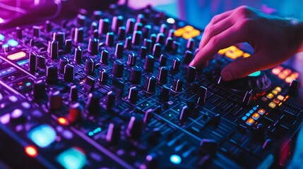 Fototapeta premium Close-up of hands skillfully adjusting knobs and sliders on a professional DJ mixer illuminated by colorful lights The mood conveys focus and control during a live music event