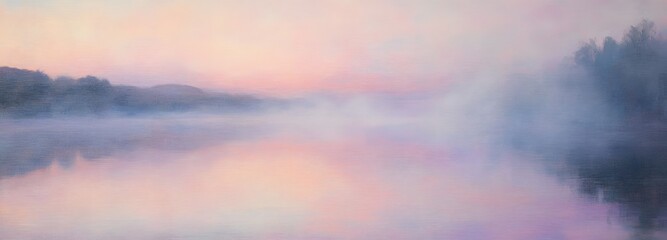 Fototapeta premium A peaceful lake at sunrise, with soft mist rising from the water and the sky painted in pastel hues of pink and purple