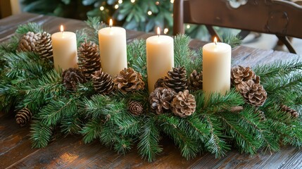 Festive Candle Display with Pine Cones and Greenery for Christmas