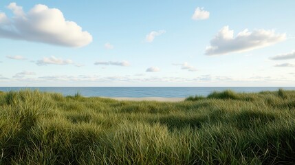 Obraz premium Environmental science drives research for preservation. Serene beach scene with lush grass and a clear blue sky.