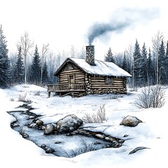 A Cozy Log Cabin nestled beside a snow-covered stream in a winter wonderland.