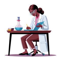 A flat illustration of female researcher writing on a notebook 

