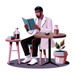 A flat illustration of a science enthusiast reading a book 
