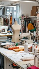 Fototapeta premium Bright and Organized Fashion Workshop with Sewing Machines and Fabrics