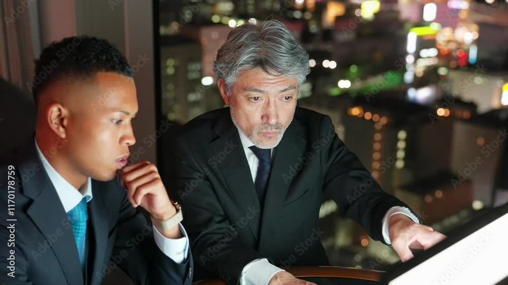 Poster ビジネス、夜景、オフィス、グローバル、相談、会議、ミーティング、チームワーク、社長、経営者、経営、戦略、設計、計画、企画、社会、都市、人材、シニア、ミドルエイジ、中高年、エグゼクティブ、日本人、男性、