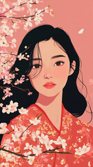 Japanese traditional culture geisha beautiful girl wearing kimono yukata illustration background