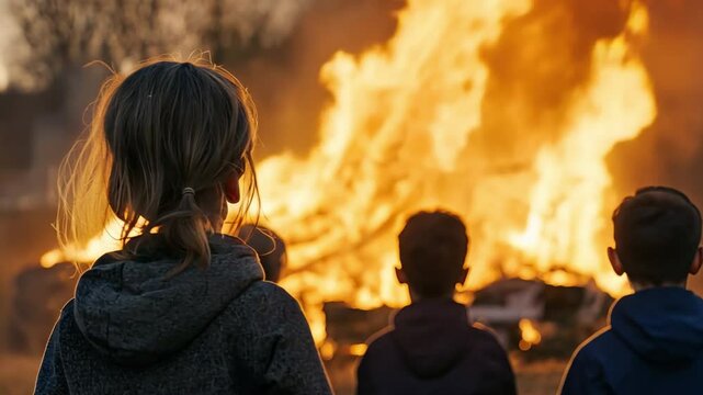 Kids watching a fire drill scene with smoke and flames