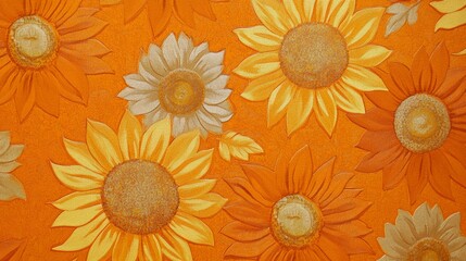 Close-up of retro orange sunflower patterned wallpaper with textured surface showcasing vintage floral design from the 1970s
