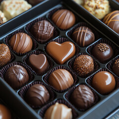 Box of assorted chocolate truffles with heart-shaped design.