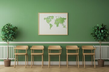 Environmental science drives research for preservation. Green-themed classroom with wooden chairs and a world map decor.