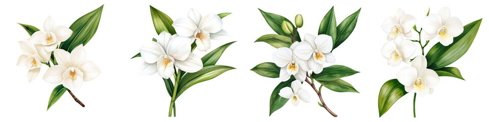 Elegant white orchids with lush green leaves, perfect for floral decor