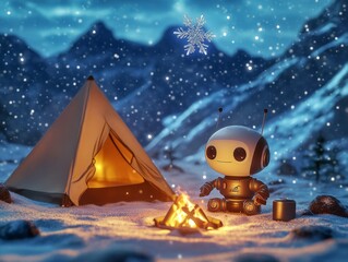 Cute Little Robot by Campfire on Winter Night