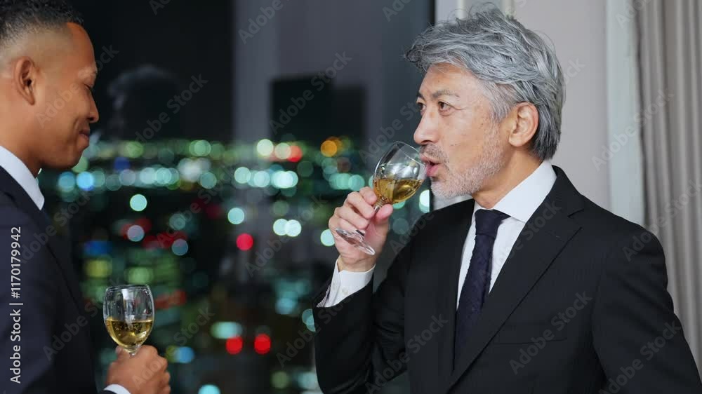 Aufkleber 乾杯、祝杯、パーティー、グラス、笑顔、ビジネス、ビジネスパーソン、ワイン、シャンパン、お酒、アルコール、飲酒、イベント、接待、お祝い、祝賀、カウントダウン、新年、年越し、ビジネスマン、社長、経営者、シニア、ミドルエイジ、中高年、エグゼクティブ、日本人、男性、外国人、黒人、グローバル、多国籍、国際、英会話、チームワーク、グループ、企業、打ち上げ、ラウンジ、ホテル、オフィス、バー、忘年会、新年会、祝賀