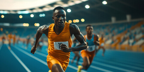 An african athlete running in the stadium.