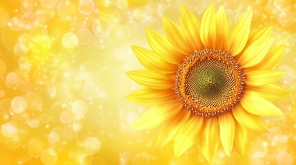 Fototapeta premium Floral banner of blossoming sunflower on yellow Bokeh background
