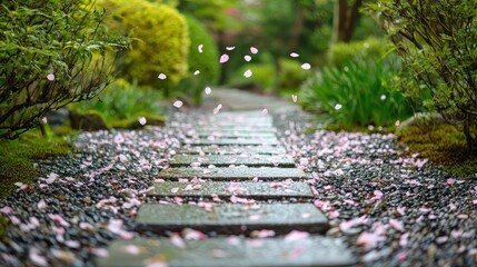 Fototapeta premium Serene Pathway Through Tranquil Garden With Cherry Blossom Petals