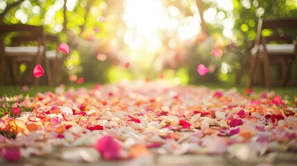 Serene Garden Pathway with Petals Under Gentle Sunlight Rays