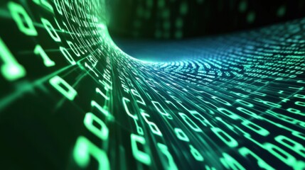 photograph of binary code. Black and green background with digits moving on screen