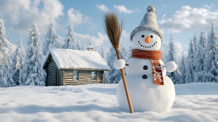 Frosty Snowman Holds Broom Near Snowy Cabin Winter Scene