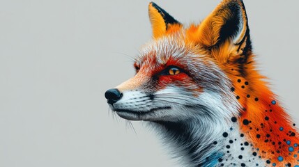 photoshoot of a real animal, the fox with colored spots. white background.