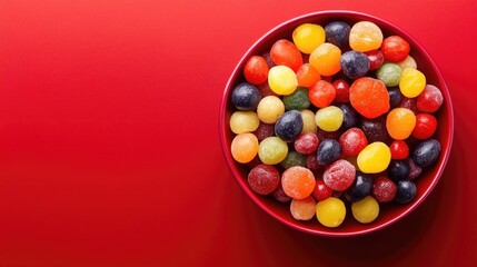 A decorative image of a red plate filled with candied fruits and nuts, placed against a plain red background with space.