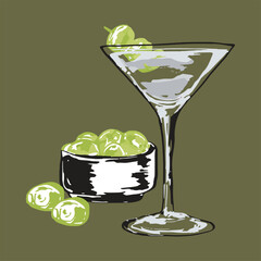 Hand-drawn illustration of a dirty martini with an olive garnish, set against a sleek, minimalist background, perfect for cocktail-themed designs .Ideal for bar menus, drink recipe cards, or cocktail