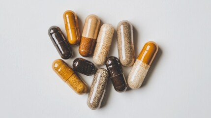 Handful of assorted capsules on white background