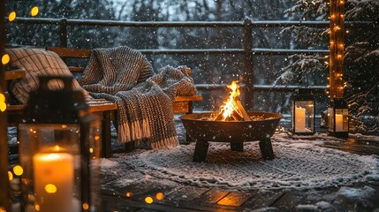 Cozy Winter Evening with Fire Pit and Snowy Landscape