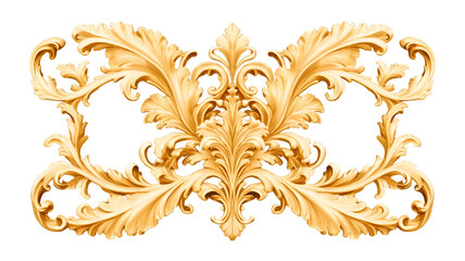 Golden decorative element, ornament with intricate details, cut out on transparent background