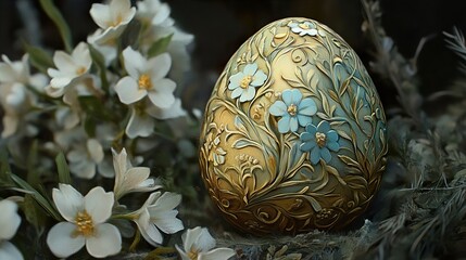 Ornate Golden Egg with Delicate Blue and White Flowers