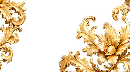 Golden decorative element, ornament with intricate details, cut out on transparent background