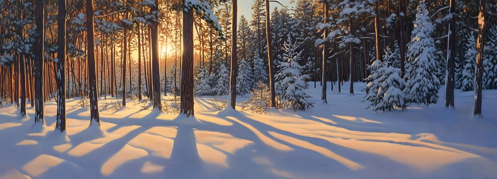 A stunning winter scene with tall pine trees covered in snow, and the soft glow of the setting sun casting long shadows over the snowy landscape