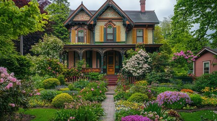 Charming Victorian House Surrounded by Colorful Garden Blooms