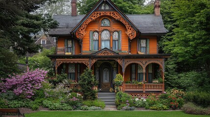 Fototapeta premium Vintage Victorian House Surrounded by Lush Greenery and Flowers