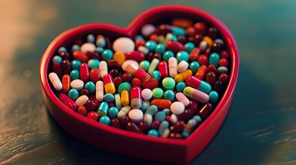 Heart-shaped box with colorful capsules and tablets