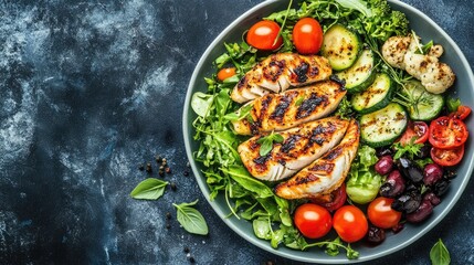 A fresh and clean food menu on a table, with a plate of grilled fish and vegetables on the side, ready to enjoy.