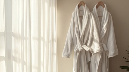 photograph of Two fresh white bathrobes were hanging. Minimalist wardrobe