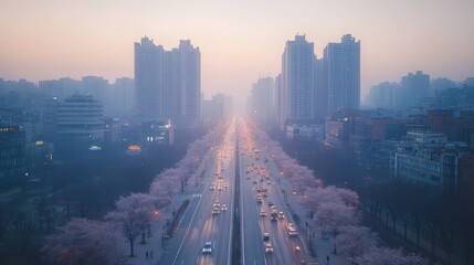Cityscape at dawn with cherry blossoms and traffic.