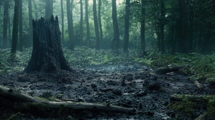 Dark Forest Scene with Stump and Fog in Lush Green Environment