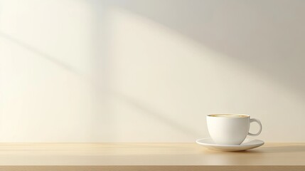 Obraz premium A plain white coffee cup with a frothy cappuccino on a wooden table, with empty space.