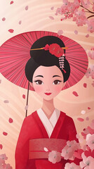 Japanese traditional culture geisha beautiful girl wearing kimono yukata illustration background