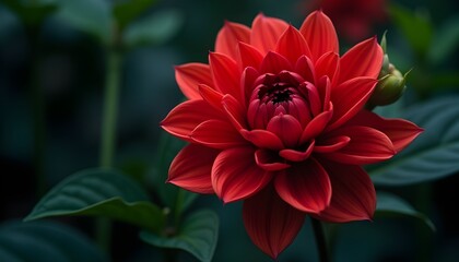 A Vibrant Red Dahlia In Full Bloom, A Solitary Red Dahlia Standing Tall, An Artistic Marco  Shot Of A Red Dahlia Bloom
