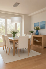 Fototapeta premium Light and airy dining room with floral centerpiece and modern decor