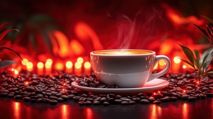 Fototapeta premium Cozy Cup of Freshly Brewed Coffee Surrounded by Dark Roasted Beans and Soft Red Candles Creating a Warm and Inviting Atmosphere for Relaxation