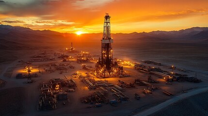 Illuminated Oil Rig at Sunset in Mountainous Terrain